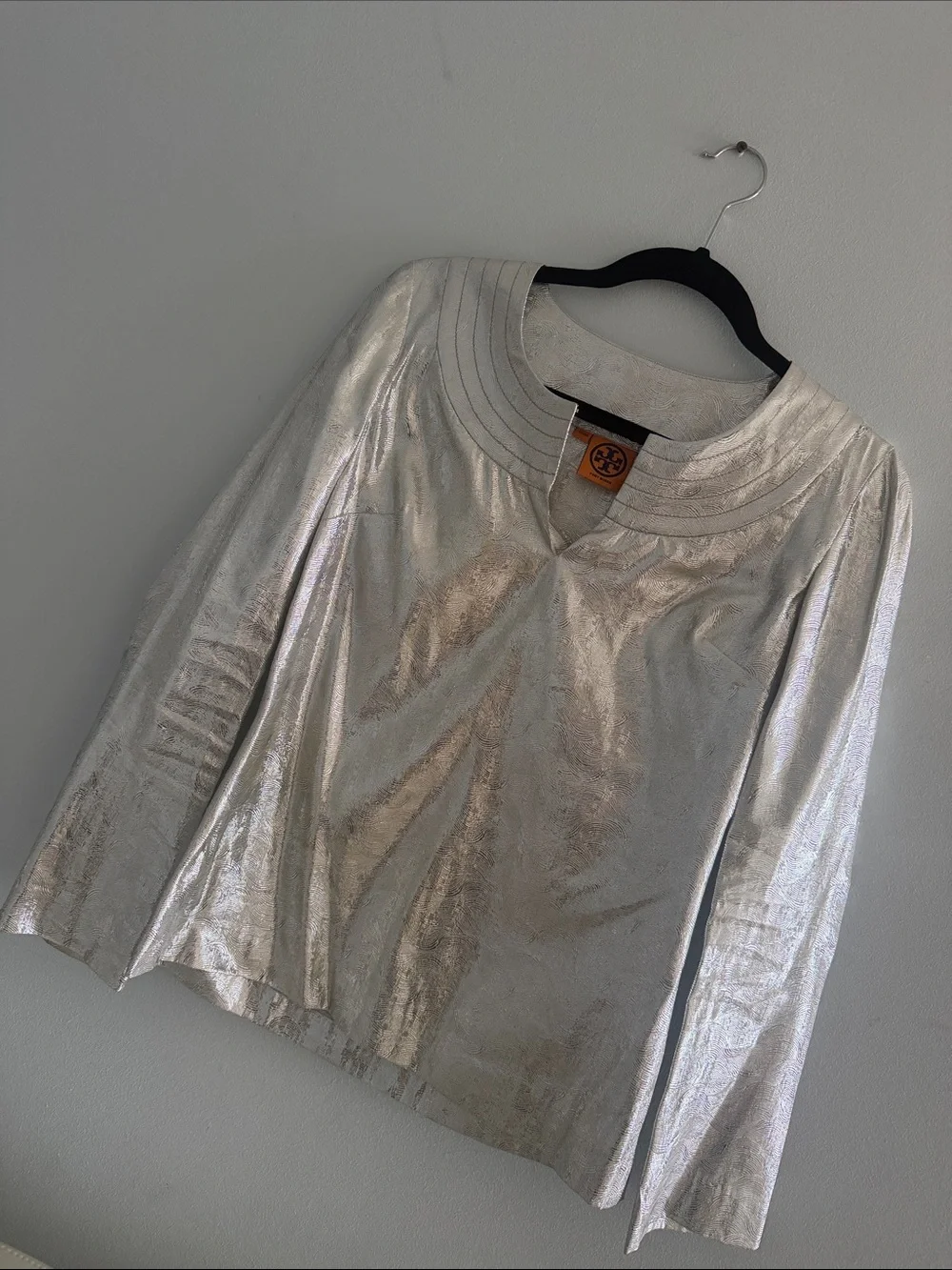 Vintage Tory Burch Metallic Silver Long-Sleeve Scoop-Neck Blouse